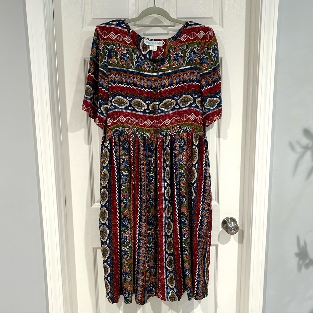 VTG 80s 90s Mark, Fore & Strike Midi Short Sleeve Button Up Dress Sz L Pockets